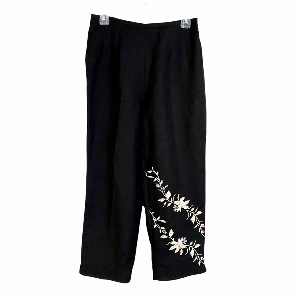 Black Cotton Linen Cropped Pants 2-4 26" Embroidered
